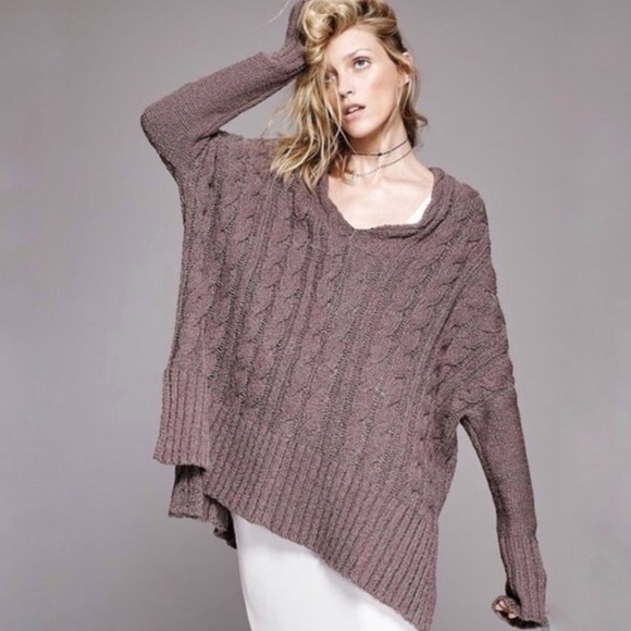 Free People Easy Cable V-neck Knit Sweater Brown Mushroom XS Tunic Oversized - Picture 6 of 14